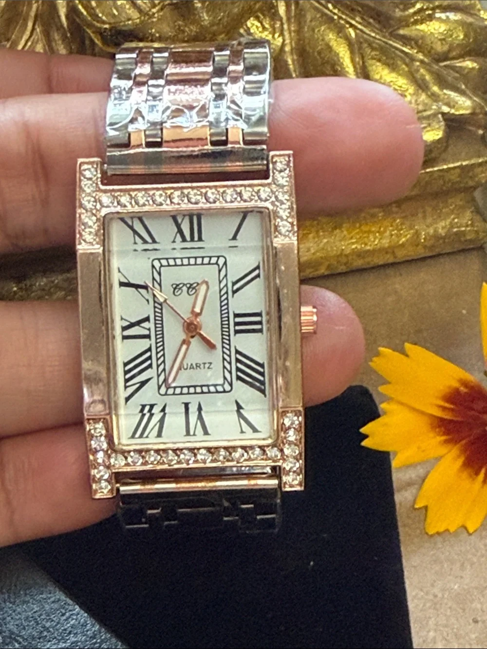 Rose Gold Crystal-Accent Rectangular Quartz Watch